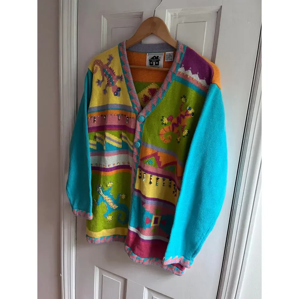 Storybook Knits Colorful Lizard Gecko Vintage Cardigan Sweater Beaded Neon Sz L